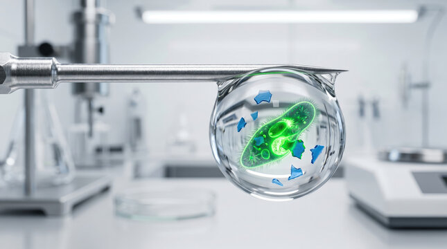 Microscopic bacteria and microplastics inside water drop on syringe needle