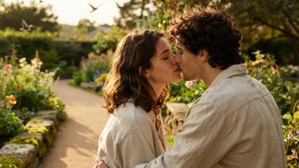 Fototapeta premium Couple kissing embracing on garden path at golden hour
