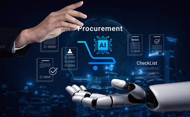 Naklejka premium A robotic hand interacts with digital elements representing artificial intelligence and procurement, illustrating innovative solutions for modern business operations and increasing efficiency. Cyphers