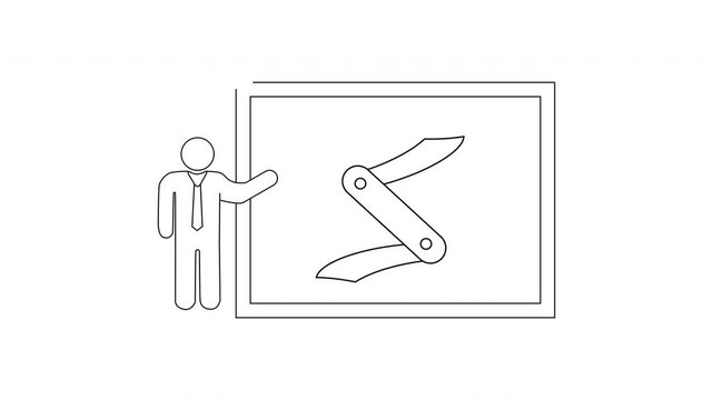 Man presenting a multi-tool knife diagram on a whiteboard.