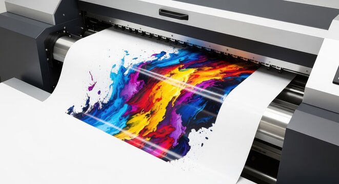 A professional industrial large format inkjet printer produces vibrant abstract patterns on a continuous roll of bright white paper, device, service, output