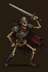 Obraz premium Pixel art skeleton warrior character in armor wielding a longsword.