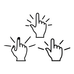 Obraz premium Three pointing hand icons, black line drawing, isolated on white background, cursor click symbol