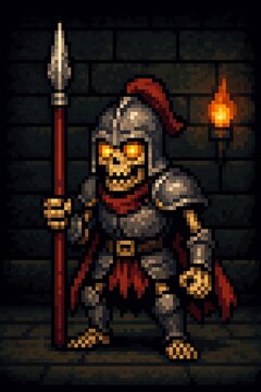Pixel art skeleton warrior character in silver armor holding a spear.