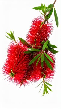 Vibrant red bottlebrush flowers with green leaves isolated on a white background perfect for floral designs and nature related backdrops.