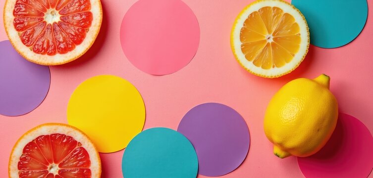 Bright citrus fruit arrangement with grapefruit and lemon slices. Colorful circles create abstract playful design. Summer food theme for marketing.