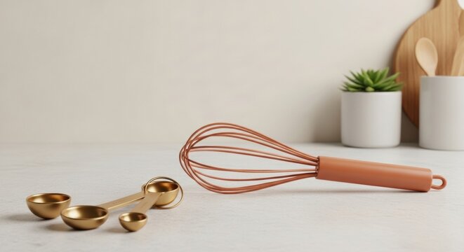 Copper whisk and gold measuring spoons on kitchen countertop with plant and utensils for cooking background and recipe banner