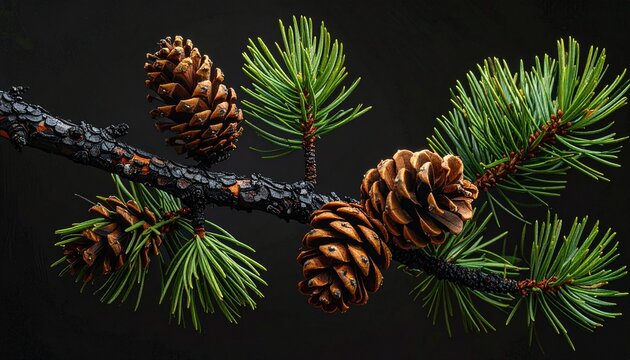A detailed close up view of a natural pine tree branch featuring brown pine cones and vibrant green needles against a dark black background.