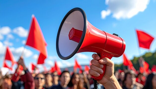A hand holding a red megaphone against a blurred crowd with many red flags waving under a bright sunny blue sky for public protest.