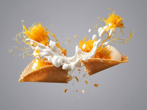 Exploding Thai Crispy Crepe (Khanom Bueang) with Foi Thong and Cream dynamic food photography on grey background.