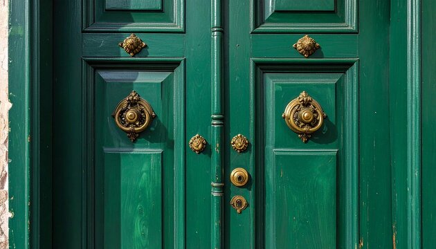 A close up view of an elegant green wooden double door with antique brass knockers and metallic hardware details on a classic building entrance.