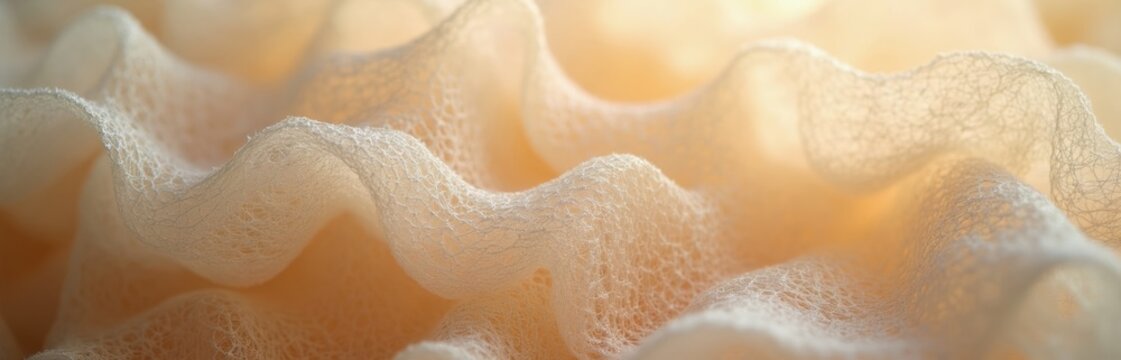 Pale beige natural fiber texture close-up. Organic, intricate patterns detail soft, porous material. Abstract background shows delicate woven structure with diffused light.