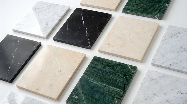 Marble tile samples showcase a variety of natural veining and polished stone textures for interior design planning.
