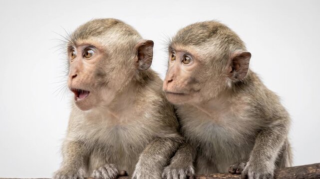Two macaque monkeys sitting on branch on white background. One monkey with open mouth looking surprised. Funny wild primate animal portrait and communication concept