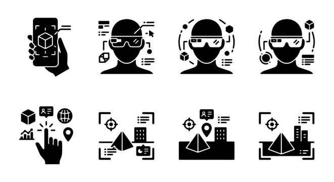 Augmented Reality Icons Set, VR Headset User Interface, Digital Technology Graphics, Futuristic Innovation Elements