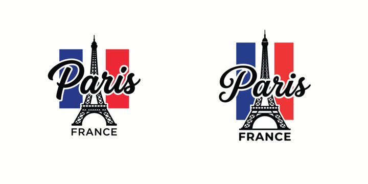 Paris France Travel Logo Set with Eiffel Tower Silhouette and French Flag Colors, Souvenir Badge Design