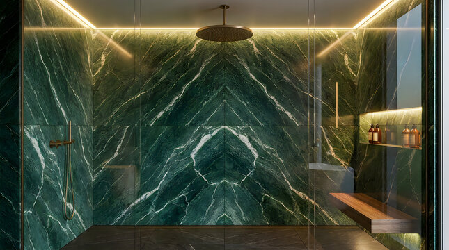 Shower stall highlights a symmetrical green marble wall pattern complemented by soft ambient LED lighting and premium brass accessories.