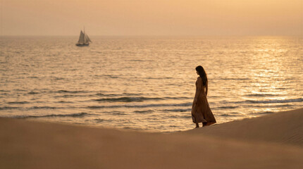 Fototapeta premium a girl by the ocean in the setting sun 