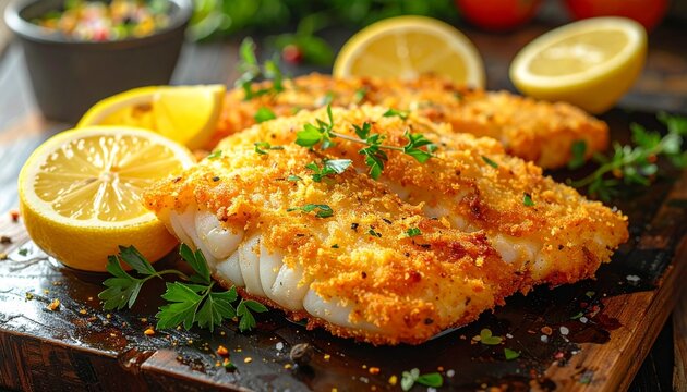 Freshly cooked golden crispy breaded fish fillets served on a rustic wooden board with slices of juicy yellow lemon and fresh parsley.