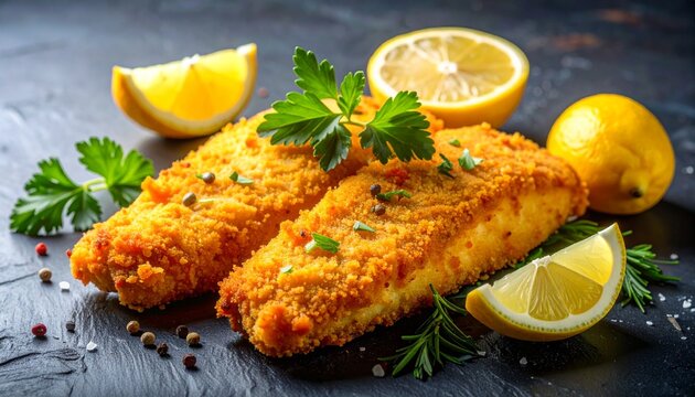 Crispy golden fried fish fillets seasoned with fresh aromatic herbs and juicy lemon slices served on a dark rustic textured stone plate background.