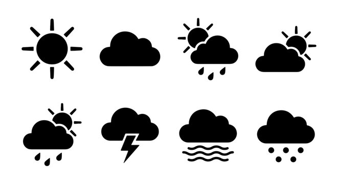 Weather Icons Set: Sun, Clouds, Rain, Storm, Snow, Forecast Symbols, Forecasting Graphics, Meteorological Icons