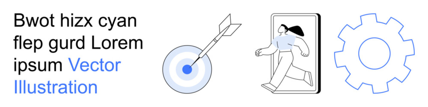Business strategy, productivity, innovation, digital goals, workflow optimization, teamwork. Target with an arrow, gear symbol and person stepping through a device. Business strategy