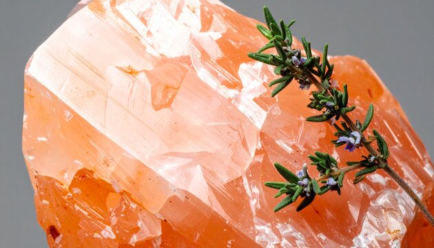 Raw Himalayan Pink Rock Salt Crystal with Fresh Green Herb Garnish