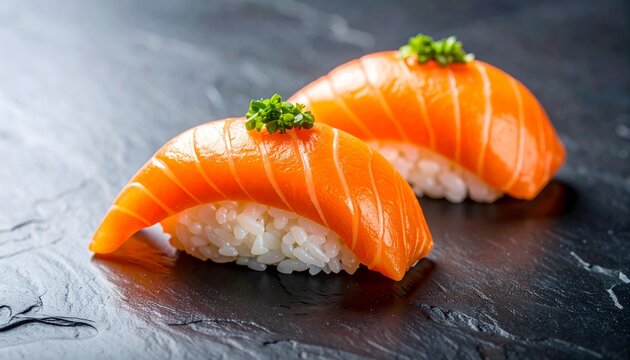 Two pieces of fresh salmon sushi nigiri served on a dark textured stone plate for a gourmet Japanese restaurant dining experience menu.