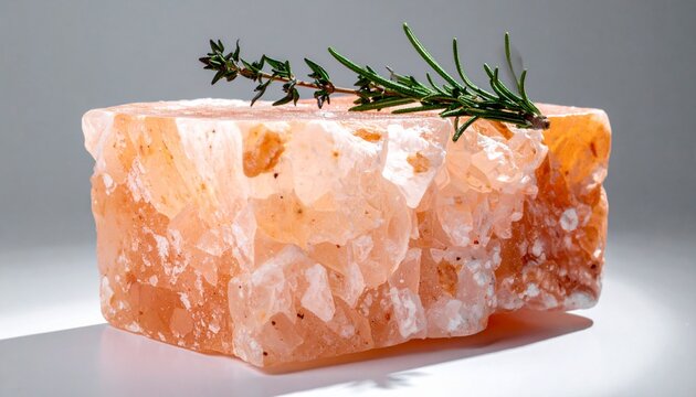 Raw Himalayan Pink Rock Salt Crystal with Fresh Green Herb Garnish