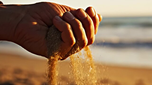 Sand grains pouring through fingers at beach sunset.
