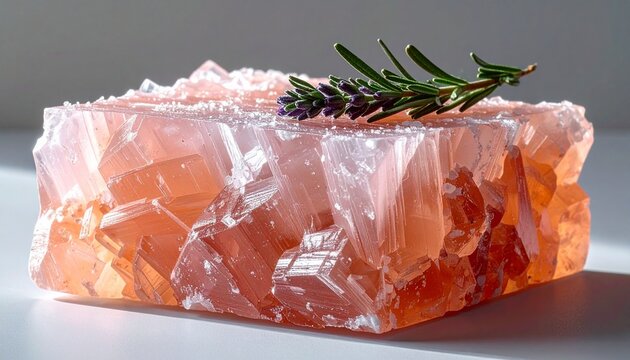 Raw Himalayan Pink Rock Salt Crystal with Fresh Green Herb Garnish
