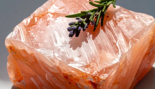Raw Himalayan Pink Rock Salt Crystal with Fresh Green Herb Garnish