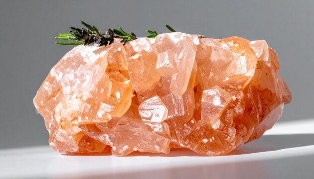Raw Himalayan Pink Rock Salt Crystal with Fresh Green Herb Garnish