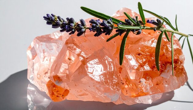 Raw Himalayan Pink Rock Salt Crystal with Fresh Green Herb Garnish