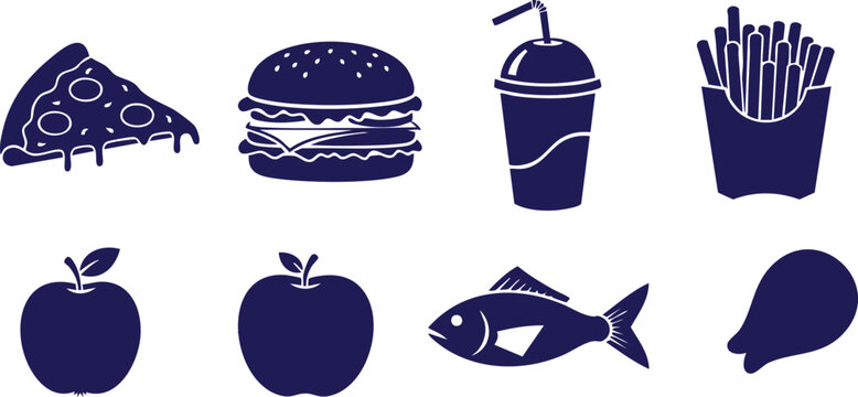 Assorted food icons including pizza, burger, fries, soda, apples, fish, and pear, vector illustration