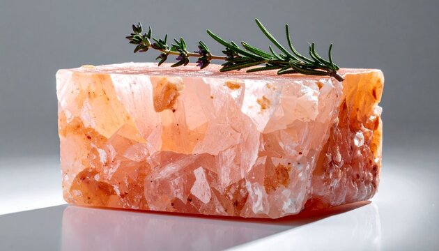 Raw Himalayan Pink Rock Salt Crystal with Fresh Green Herb Garnish