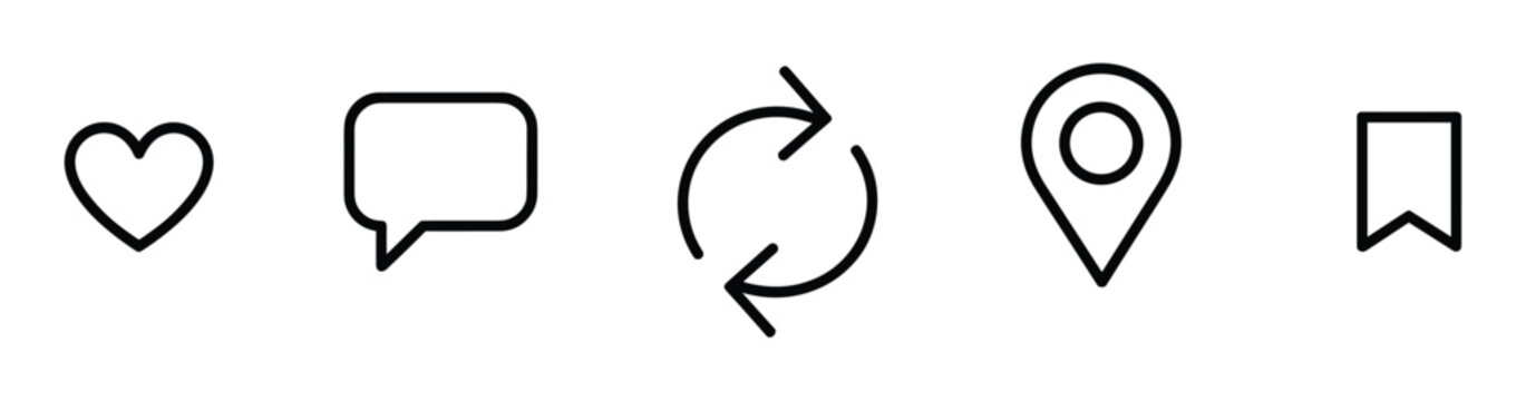 Set of five black outline social media including a heart speech bubble refresh arrows location pin and a bookmark shape on a white background