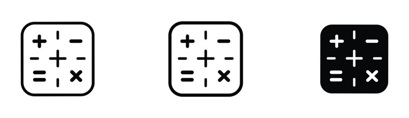 Fototapeta premium Three square calculator with rounded corners featuring black and white arithmetic symbols for addition subtraction multiplication and equals signs in outline and solid styles