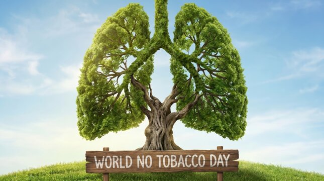 Tree shaped as human lungs with world no tobacco day sign on grassy hill under blue sky