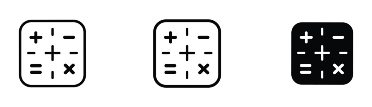 Three square calculator with rounded corners featuring black and white arithmetic symbols for addition subtraction multiplication and equals signs in outline and solid styles