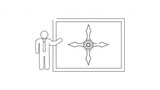 Man presenting a stylized compass or directional symbol on a screen.