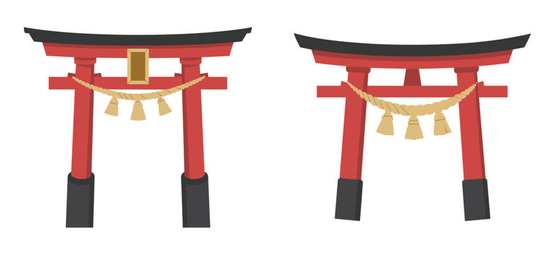 Two flat of traditional japanese red torii gates with black roofs and beige shimenawa straw ropes with hanging paper shide ornaments isolated on a white background