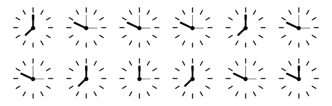 Set of twelve simple black and white clock showing different times with hour and minute hands on a circular dial with tick marks arranged in two rows of six on a plain white background