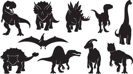 Dinosaur silhouettes bundle, Tyrannosaurus Triceratops Stegosaurus Velociraptor Brachiosaurus Ankylosaurus Pteranodon Spinosaurus Parasaurolophus theropod prehistor © MOSTSHAHANAJ