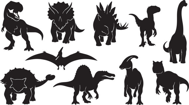 Dinosaur silhouettes bundle, Tyrannosaurus Triceratops Stegosaurus Velociraptor Brachiosaurus Ankylosaurus Pteranodon Spinosaurus Parasaurolophus theropod prehistor