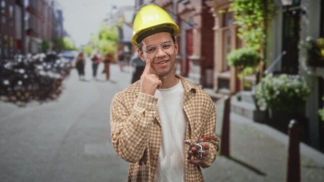 Man holding a tap and wearing a yellow hardhat points finger to cheek on a street; helpfulness practical repair.