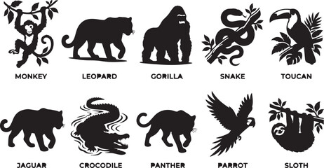 Jungle animal silhouettes collection, monkey leopard gorilla snake toucan jaguar crocodile panther parrot sloth vector wildlife black illustration © MOSTSHAHANAJ