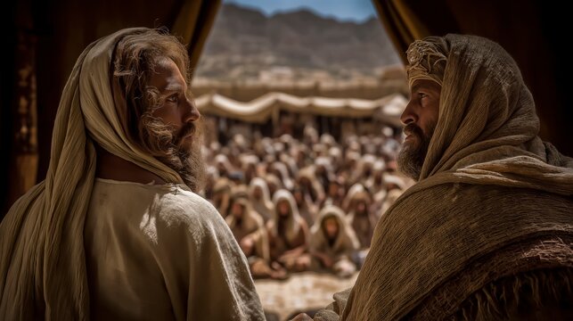 Outside the Tabernacle, Moses and Aaron teach the people about clean and unclean animals as attentive families listen beneath the bright desert midday sun.
