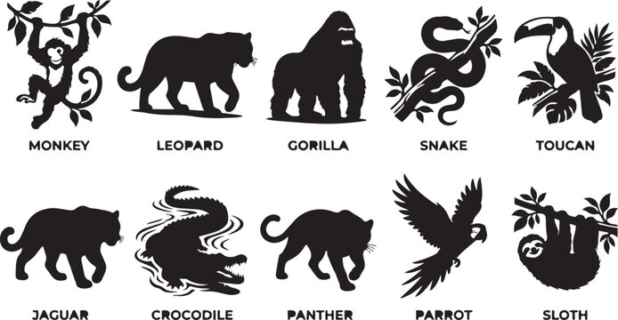 Jungle animal silhouettes collection, monkey leopard gorilla snake toucan jaguar crocodile panther parrot sloth vector wildlife black illustration