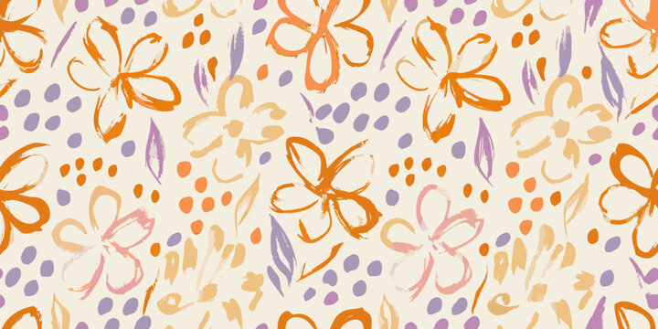 Stylized floral pattern seamless repeat of brushstroke flowers and dots